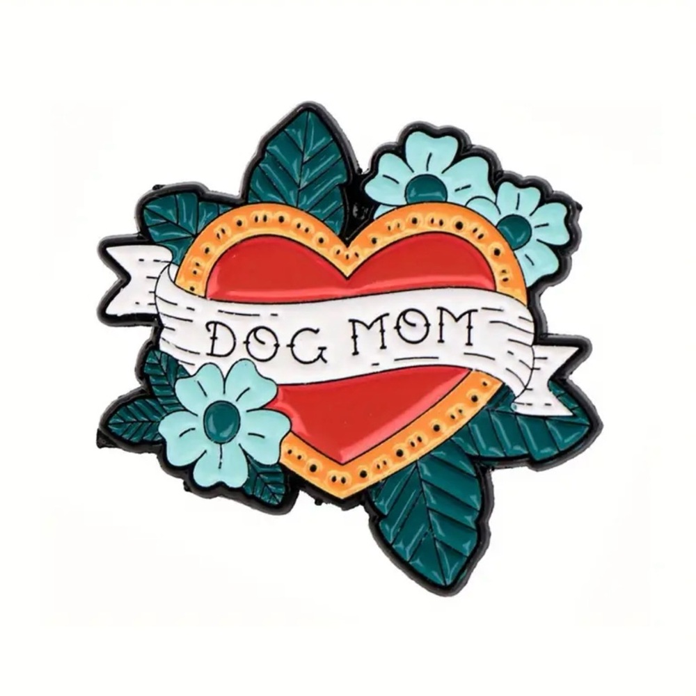 New! "Dog Mom" Heart Banner Tattoo Style floral Enamel Pin